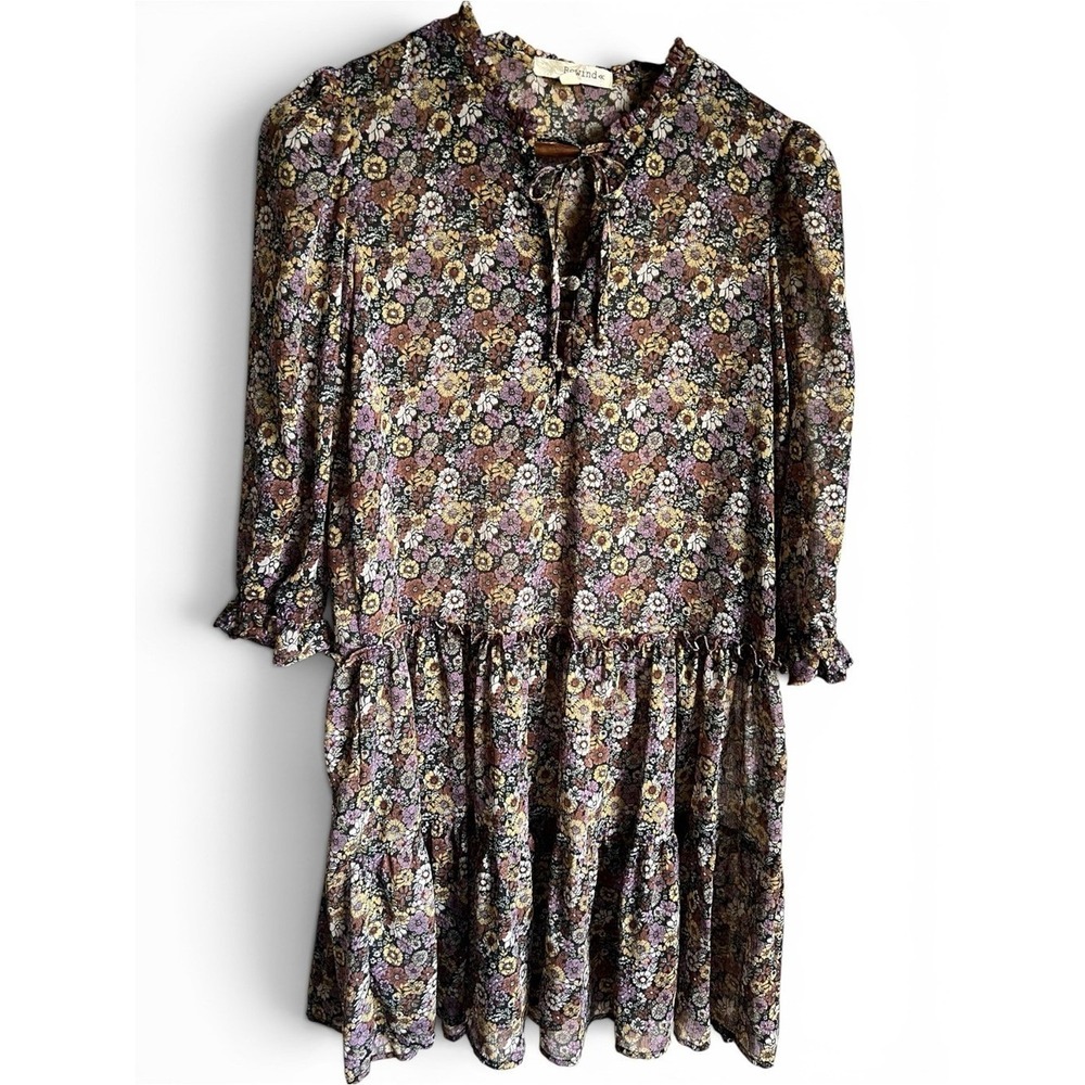 Rewind Sheer Ditsy Floral Dress Tunic Top Sz S Cottagecore Boho Prairie Romantic